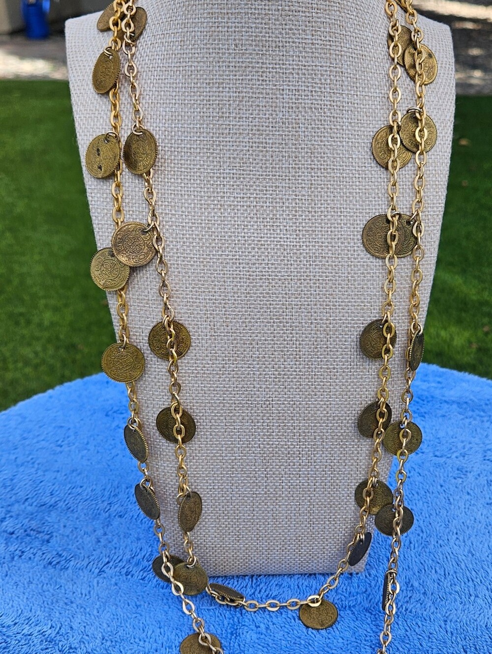 Vintage Boho Brass Coin Chain Necklace & Sun Face Chandelier Earring Set - Picture 5 of 8